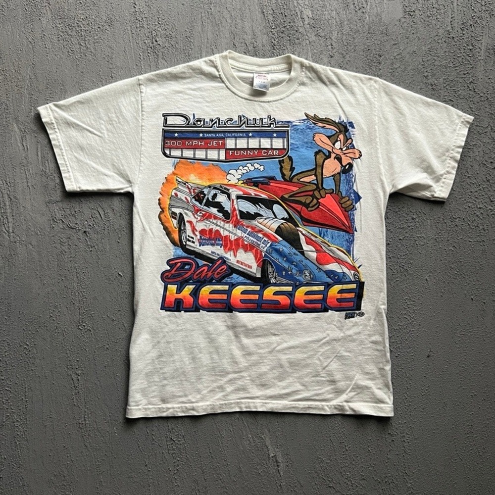 Vintage Dale Keesee Shirt Medium White 1990s Wile E Coyote Racing Cars